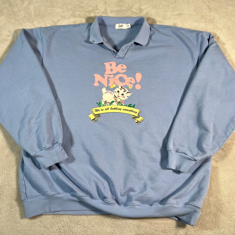The Mayfair Group Be Nice Kitten Blue Polo Collar Sweatshirt Oversize Womens XXL